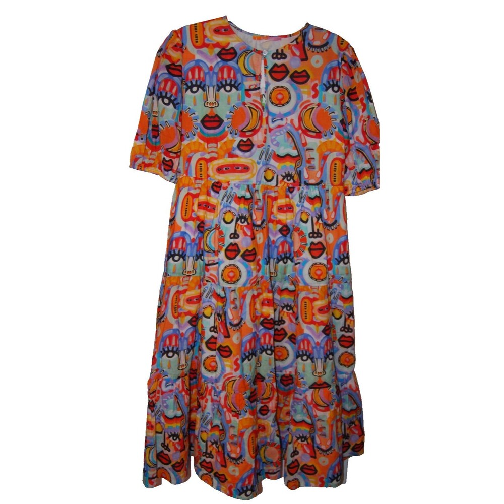 Briton Court NWT Face Print Maxi Tiered Ruffle Dress Multicolor Medium MSRP $269